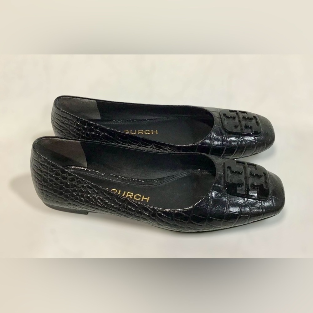 TORY BURCH Luxury Croc black Leather Georgia 25mm Medallion Logo Pumps Size 7M - Picture 5 of 7